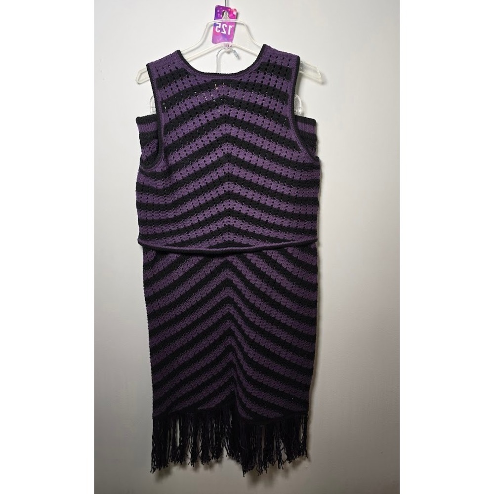 Bold Elements Womens 2 Piece Set Purple Black Crochet Fringe Skirt Crop Top XL